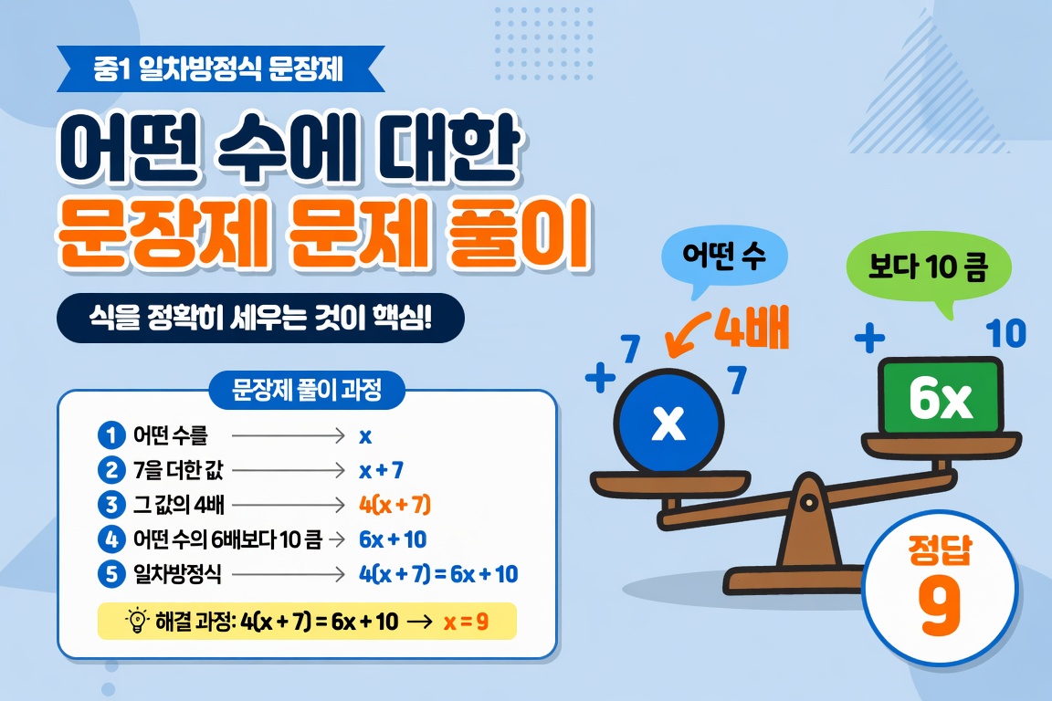 중1 일차방정식 문장제 문제 풀이 어떤 수에 대한 문제 식 세우기