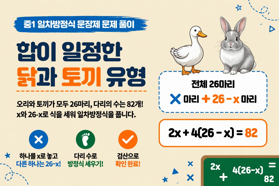 중1 일차방정식 문장제 문제 풀이 합이 일정한 닭과 토끼 유형